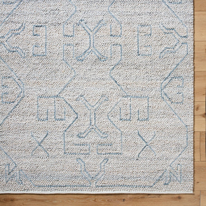 Provence Rug - 484401 by Livabliss in pewter, sky blue, ivory. Made from recycled pet yarn in a unique style.