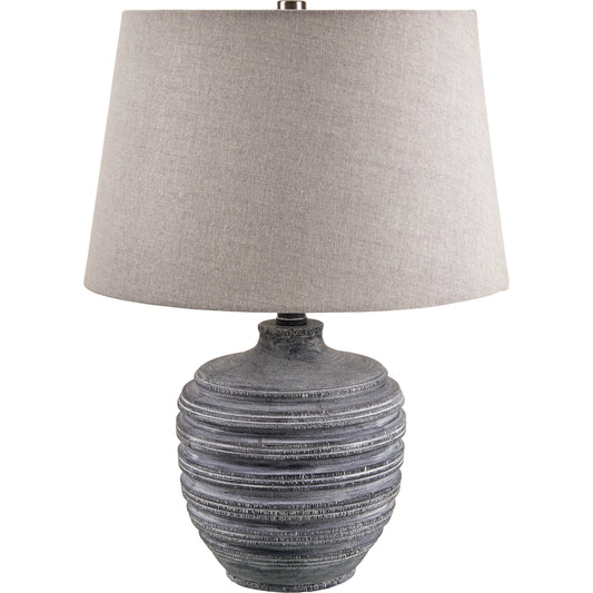 Pavia Accent Table Lamp by Livabliss in body: light gray; shade (outside): light gray; shade (inside): cream; finial: metallic - nickel; harp: metallic - nickel; cord: translucent and coloredplated. Made from resin, linen, p