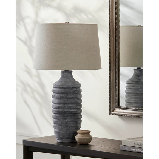 Pavia Table Lamp - 531713 by Livabliss in body: light gray, shade (outside): light gray, shade (inside): cream, finial: metallic - nickel, harp: metallic - nickel, cord: translucent and coloredplated. Made from resin, linen, po