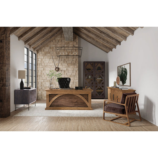 Big Sky Media Console by Hooker Furniture in vintage natural. Made from pecky hickory veneers, solid-wood edged top in a modern style.