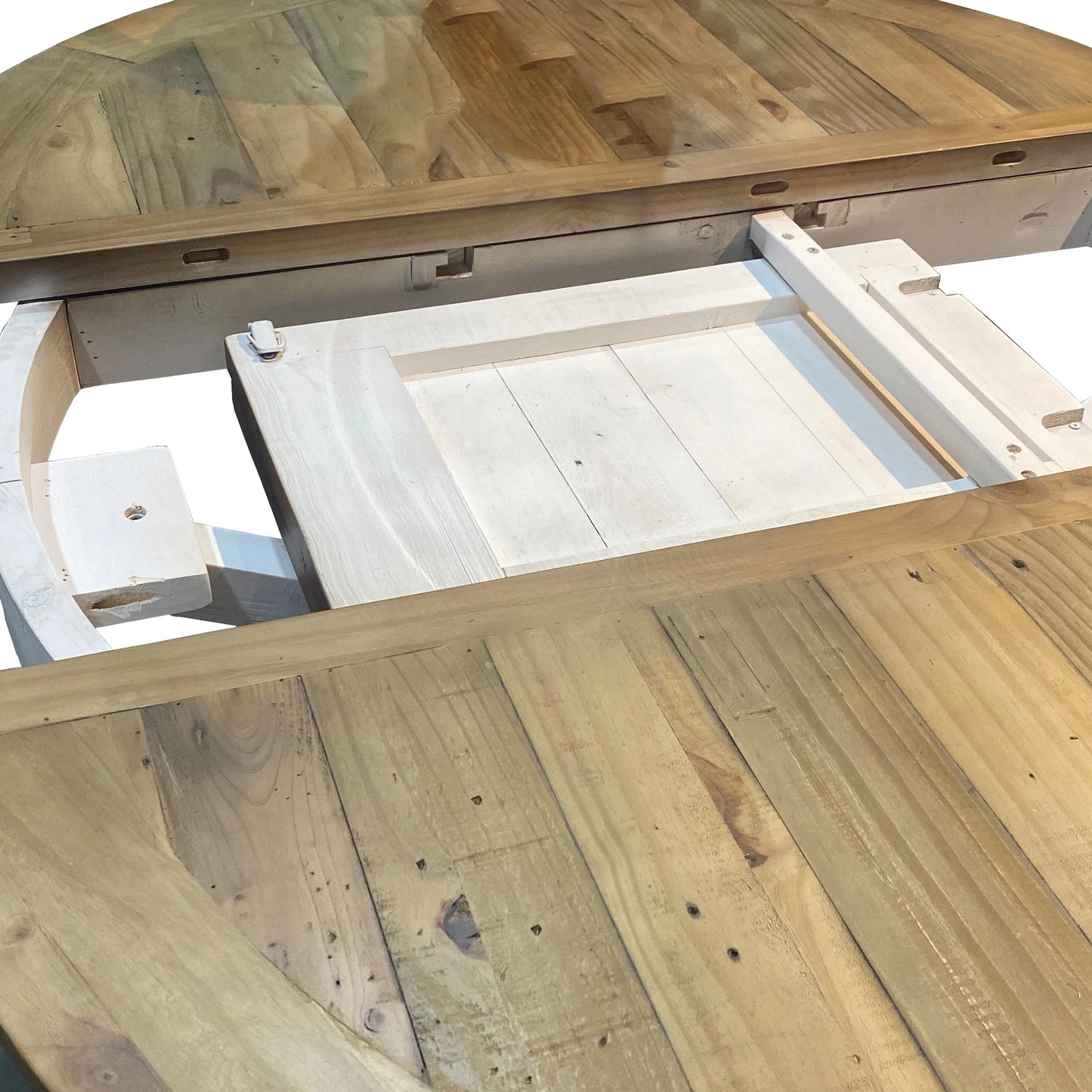 002 SI-2004388 | Closeup | Provence Round Extension Table by LH Imports in white, brown and antique white, rustic natural. Made from fsc reclaimed pine in a modern style.