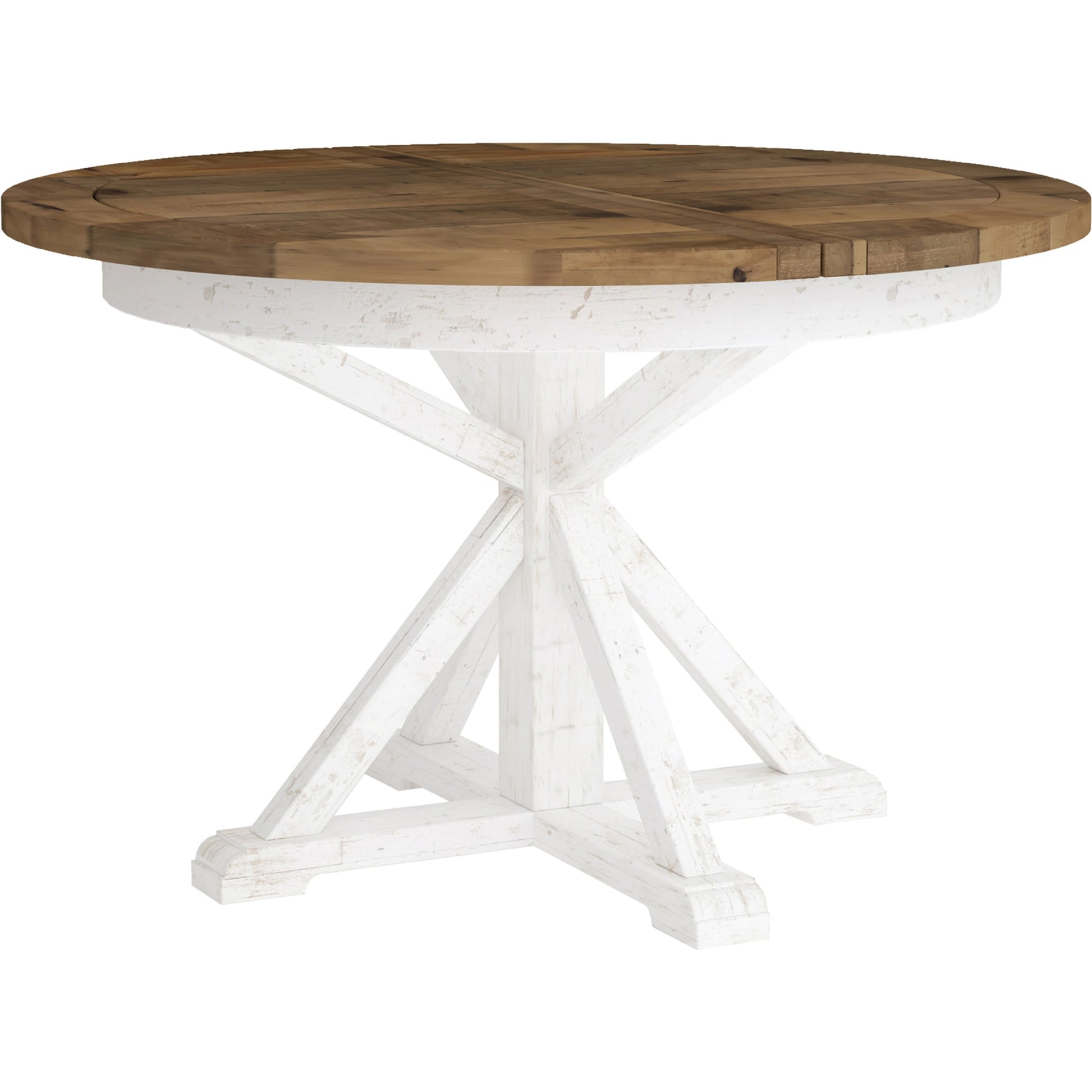 Provence Round Extension Table by LH Imports in white, brown and antique white, rustic natural. Made from fsc reclaimed pine in a modern style.