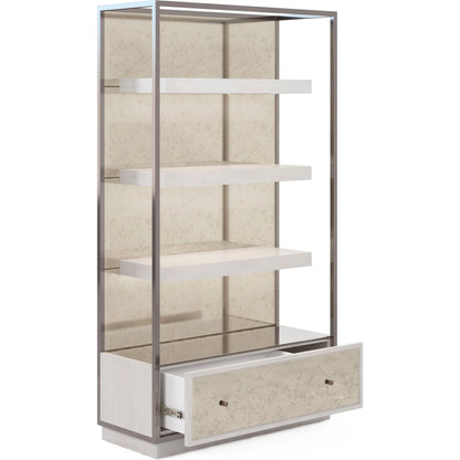 Mezzanine Etagere by A.R.T. Furniture in dove gray. Made from parawood, poplar solids, maple veneer, mirror, steel in a modern style.