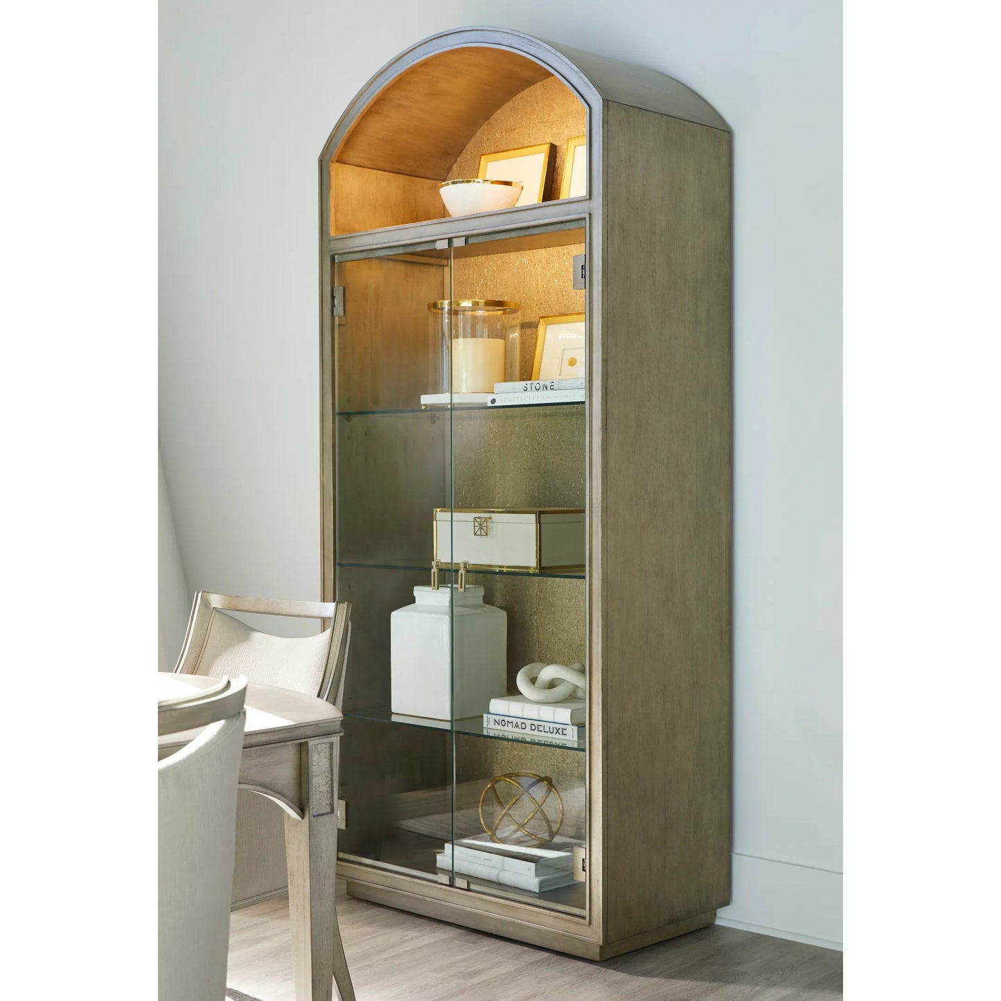 004 SI-2334433 | Lifestyle | Cove Display Cabinet by A.R.T. Furniture in grey and mica. Made from rubberwood solids, primavera veneer, glass, cork in a transitional style.