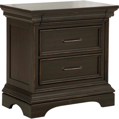 Caldwell Nightstand by Pulaski Furniture in deep brown. Made from acacia veneers in a traditional style.