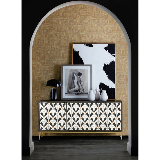 Melange Renee Credenza by Hooker Furniture in black and black wood finish. Made from mango wood with bone inlay on doors and iron in a modern style.