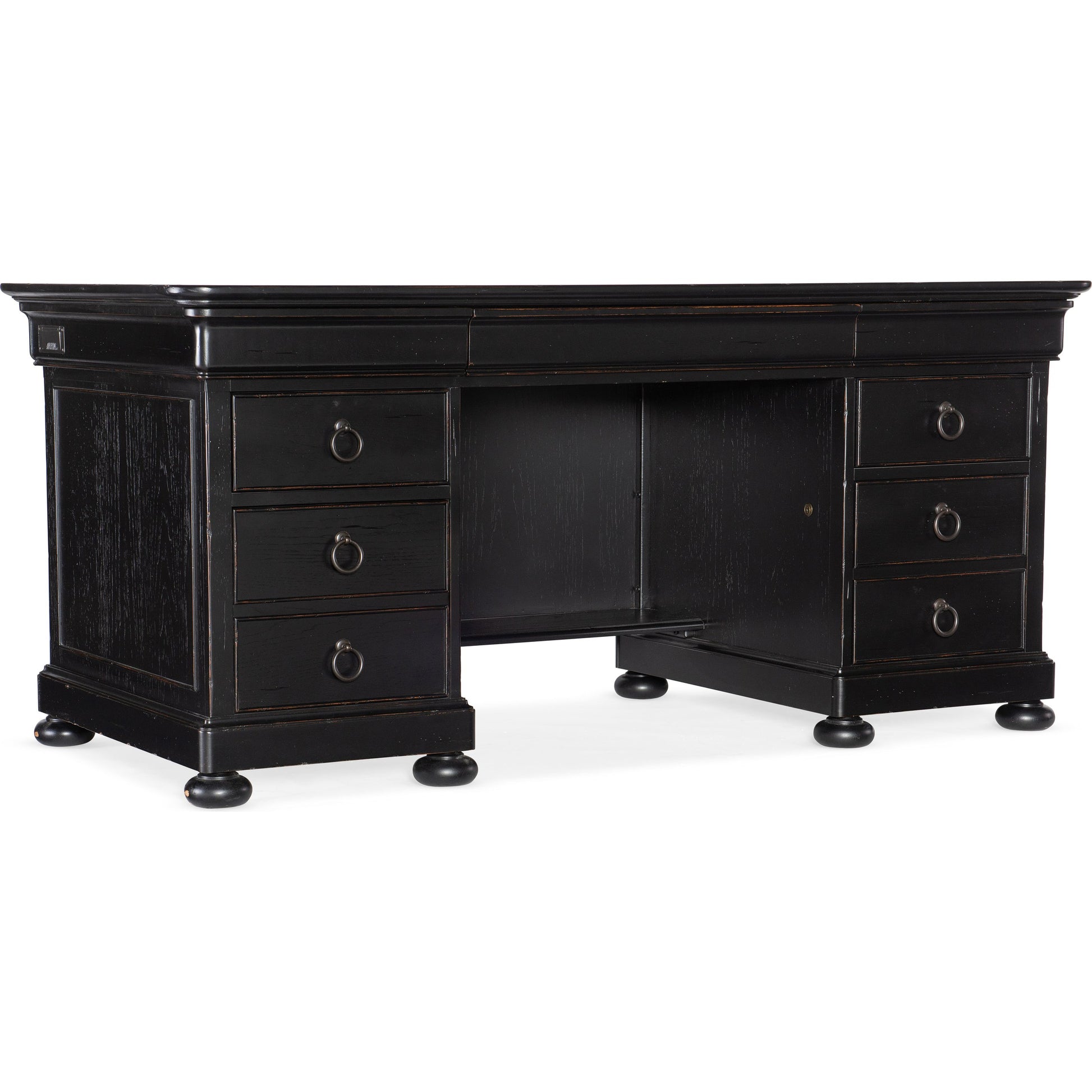 Bristowe Executive Desk by Hooker Furniture in tuxedo black. Made from pecan veneers in a unique style.