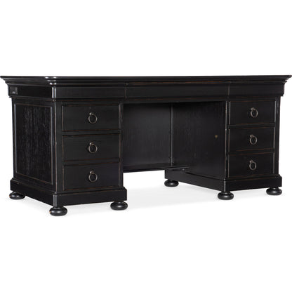 Bristowe Executive Desk by Hooker Furniture in tuxedo black. Made from pecan veneers in a unique style.