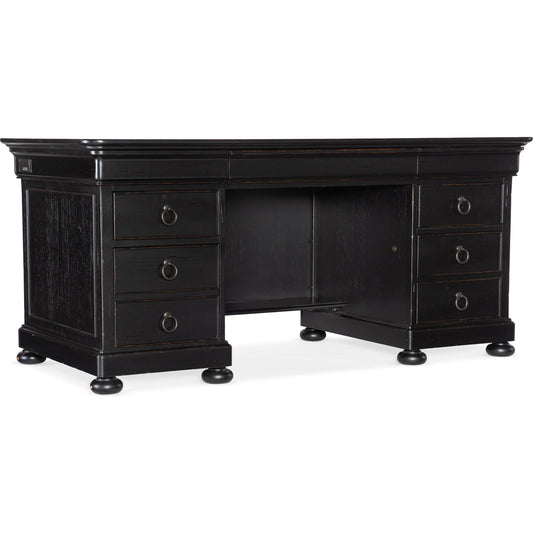 Bristowe Executive Desk by Hooker Furniture in tuxedo black. Made from pecan veneers in a unique style.