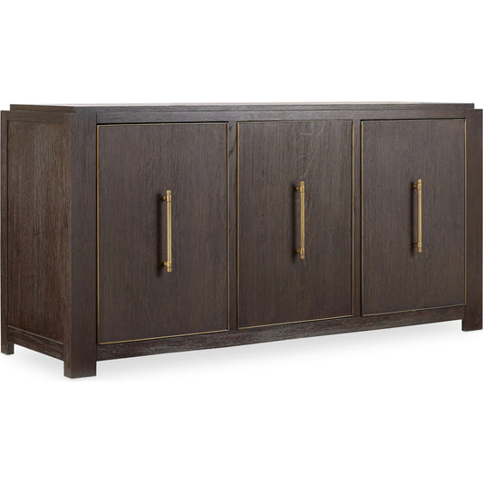Curata Buffet by Hooker Furniture in midnight brown. Made from white oak veneers in a unique style.