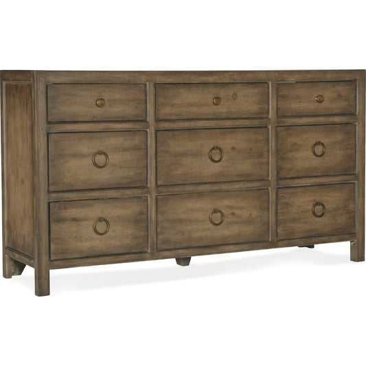 Sundance Dresser by Hooker Furniture in cliffside. Made from pecan veneers, cedar, felt panel, jewelry tray, self-closing undermount drawer guides, solid-wood edge top in a traditional style.