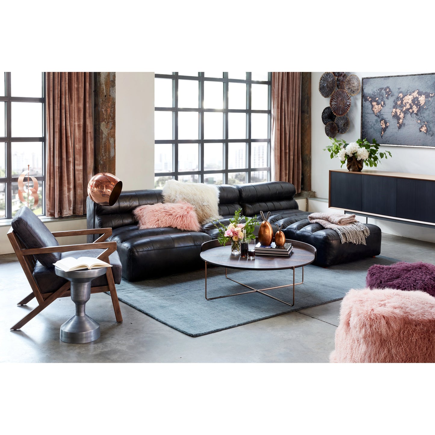 009 SI-2121845 | Lifestyle | Araya Sideboard by Moe's Home Collection in walnut, black. Made from walnut veneer, metal base, mdf in a modern style.