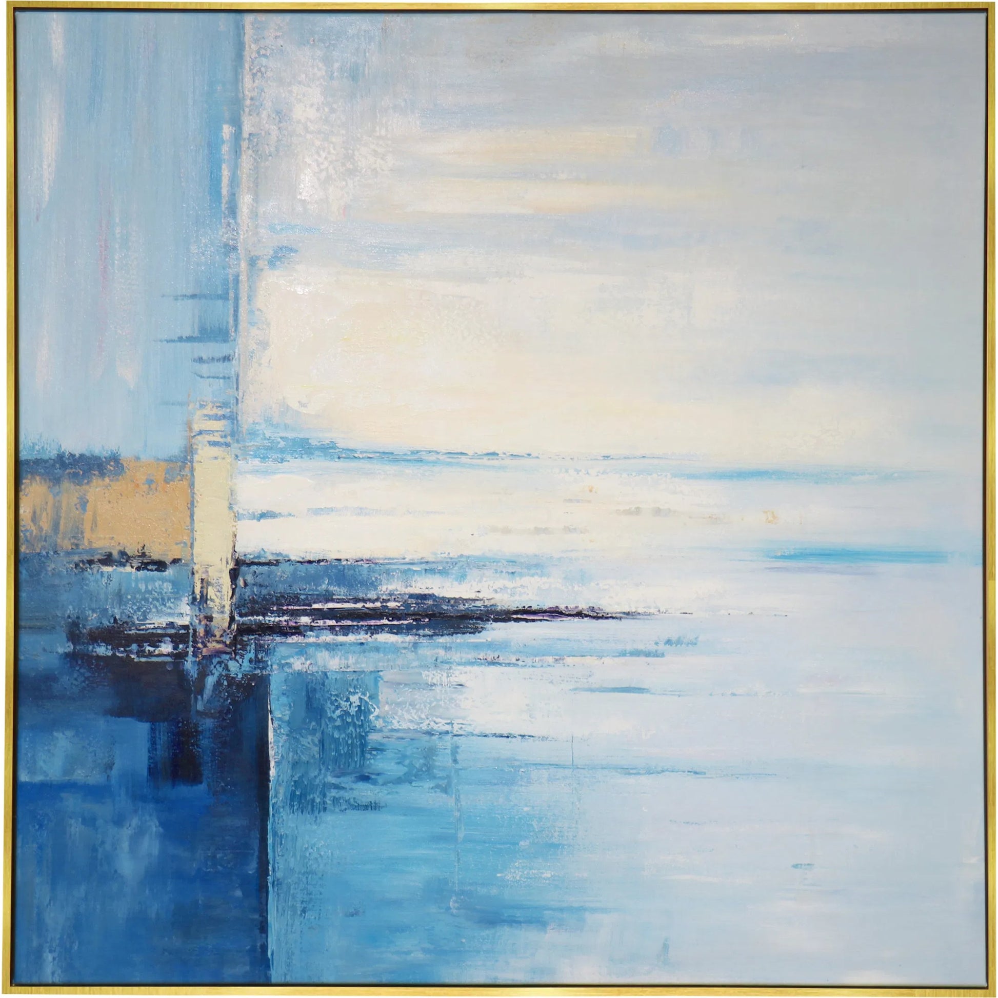 Reflection Handpainted Coastal Landscape Oil Painting on Canvas - PXA-1012 by Pasargad Home in blue. Made from canvas in a unique style.