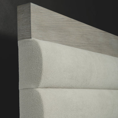 Linea Upholstered Channel Bed by Bernhardt in cerused greige. Made from white oak veneers, fabric in a unique style.