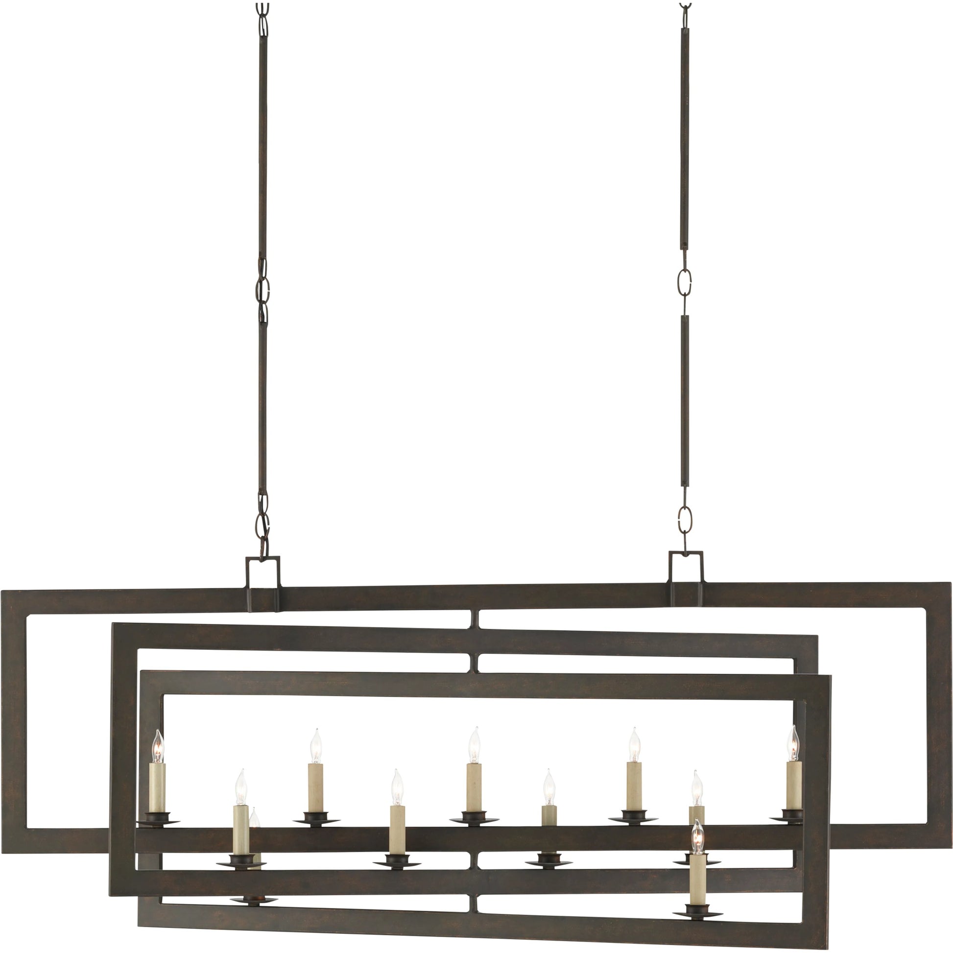 Middleton Rectangular Chandelier by Currey and Company. Made from wrought iron in a modern style.