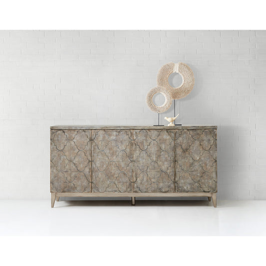 Fairfax Credenza by Hooker Furniture in distressed oak. Made from oak veneers, aluminum sheet in a modern style.