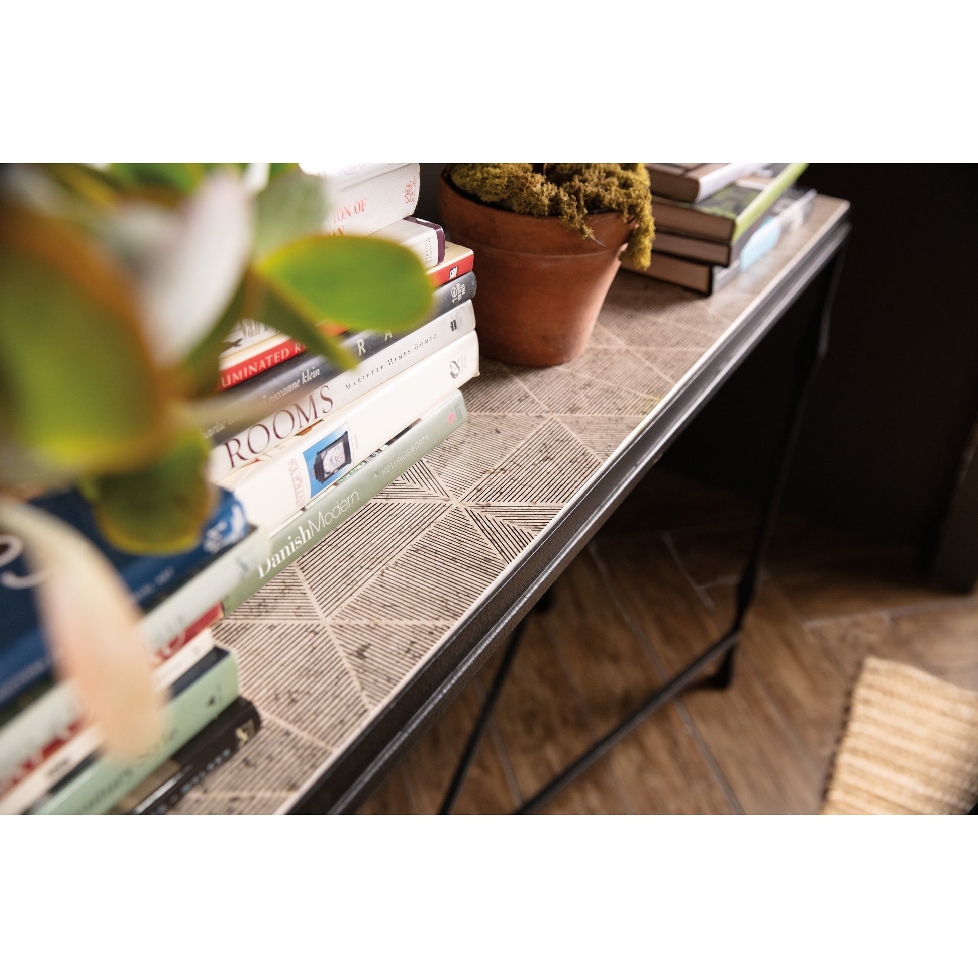 Commerce & Market Metal-Wood Console Table by Hooker Furniture in black. Made from white travertine stone, carbon steel in a transitional style.