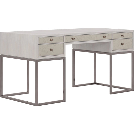 Mezzanine Writing Desk by A.R.T. Furniture in dove gray. Made from parawood, poplar solids, maple veneer, mirror, steel in a modern style.