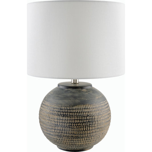Pylon Accent Table Lamp - 535729 by Surya in body: black, shade: white, finial: metallic - silver, harp: metallic - nickel, cord: translucent and glazedplated. Made from ceramic, linen, polystyrene, iron in a modern style.