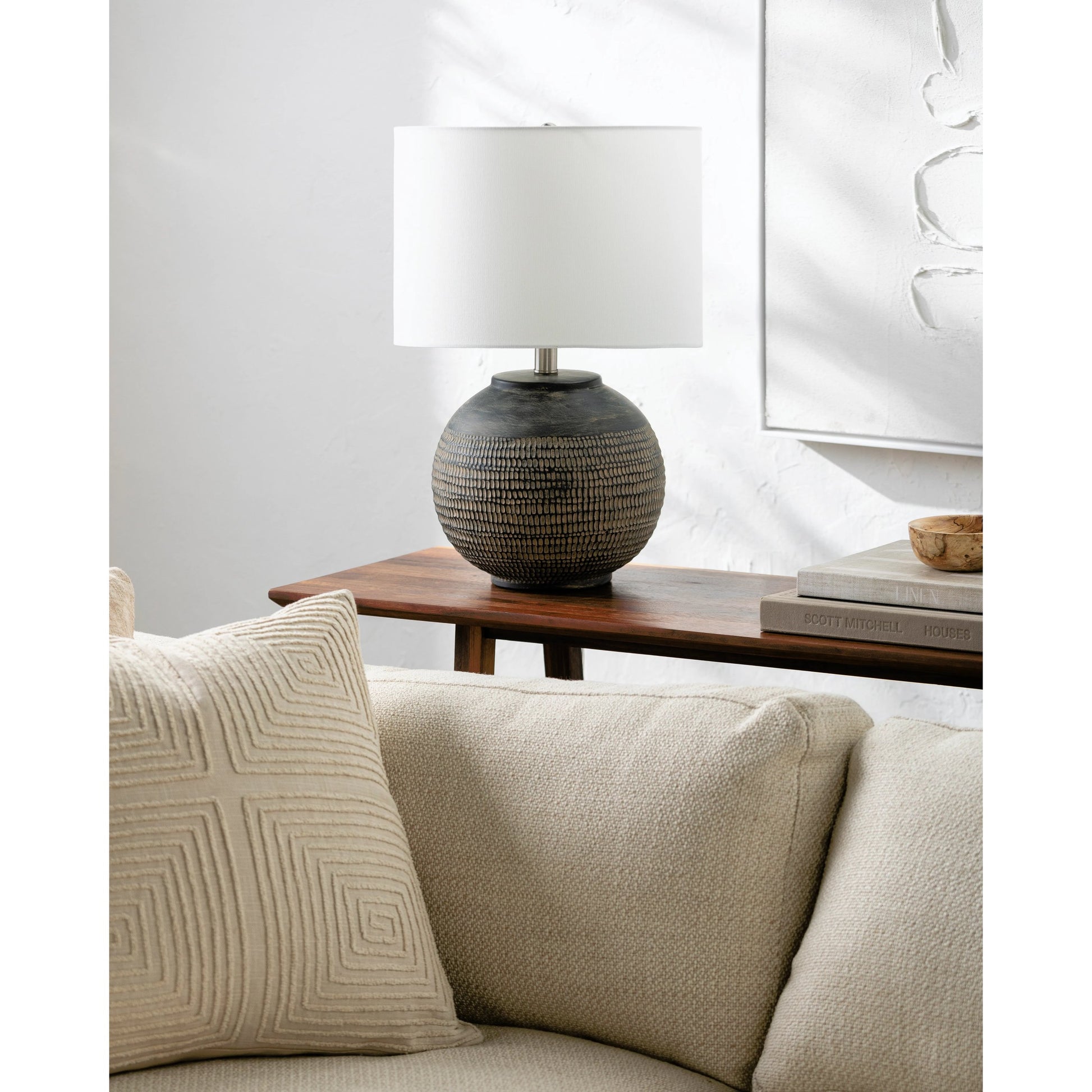 Pylon Accent Table Lamp - 535729 by Surya in translucent, metallic nickel, white, black, metallic silver and glazedplated. Made from ceramic, linen, polystyrene, iron in a modern style.