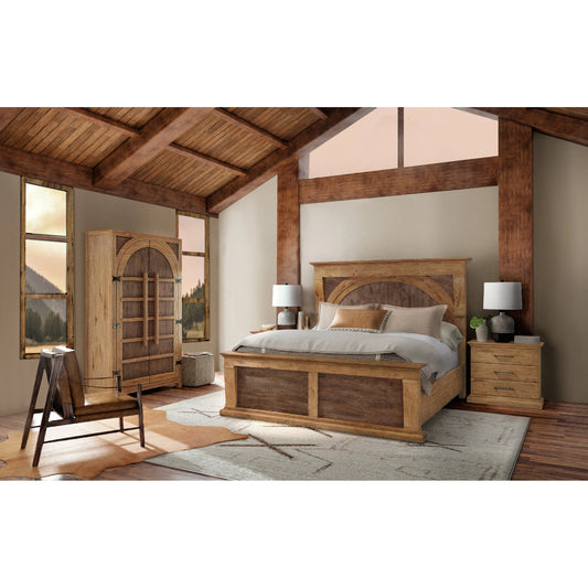 Big Sky Three Drawer Nightstand by Hooker Furniture in vintage natural. Made from pecky hickory veneers, cedar, solid-wood edged top in a modern style.