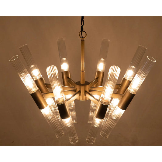Moira Chandelier by Noir in antique brass. Made from industrial steel and glass in a modern style.