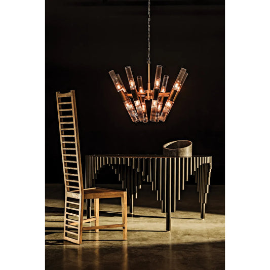 Moira Chandelier by Noir in antique brass. Made from industrial steel and glass in a modern style.