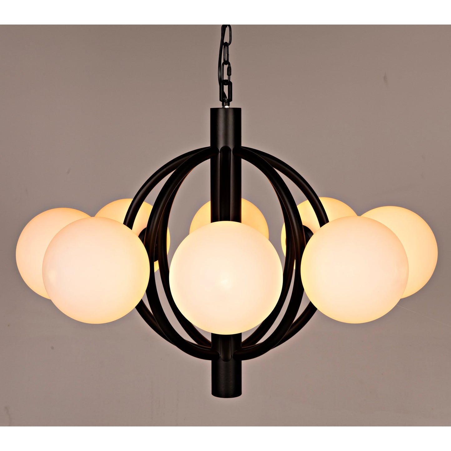 003 SI-2018526 | Lifestyle | Carousel Chandelier by Noir in matte black. Made from industrial steel and frosted globes in a modern style.