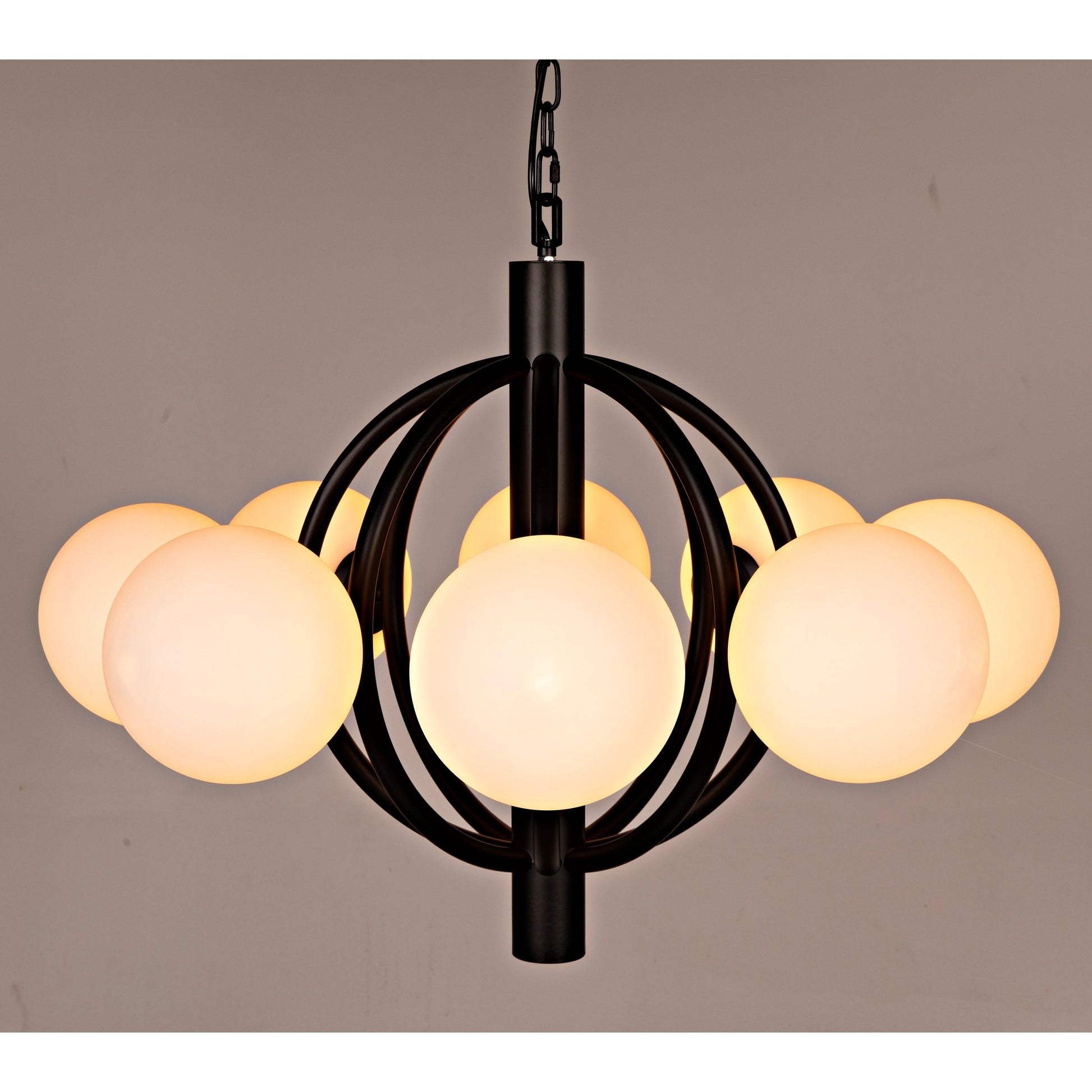Carousel Chandelier by Noir in matte black. Made from industrial steel and frosted globes in a modern style.