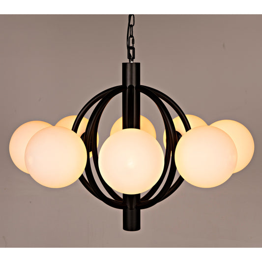 Carousel Chandelier by Noir in matte black. Made from industrial steel and frosted globes in a modern style.