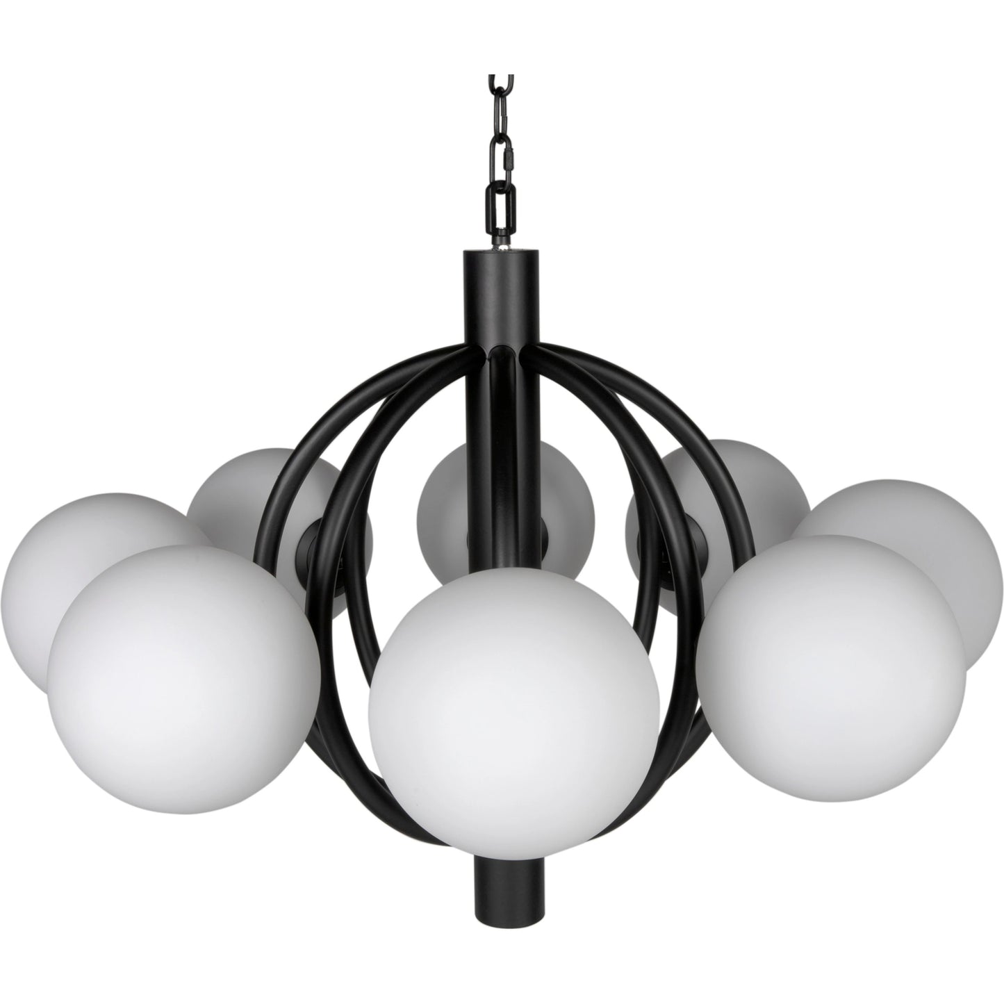 001 SI-2018526 | Primary Silo | Carousel Chandelier by Noir in matte black. Made from industrial steel and frosted globes in a modern style.
