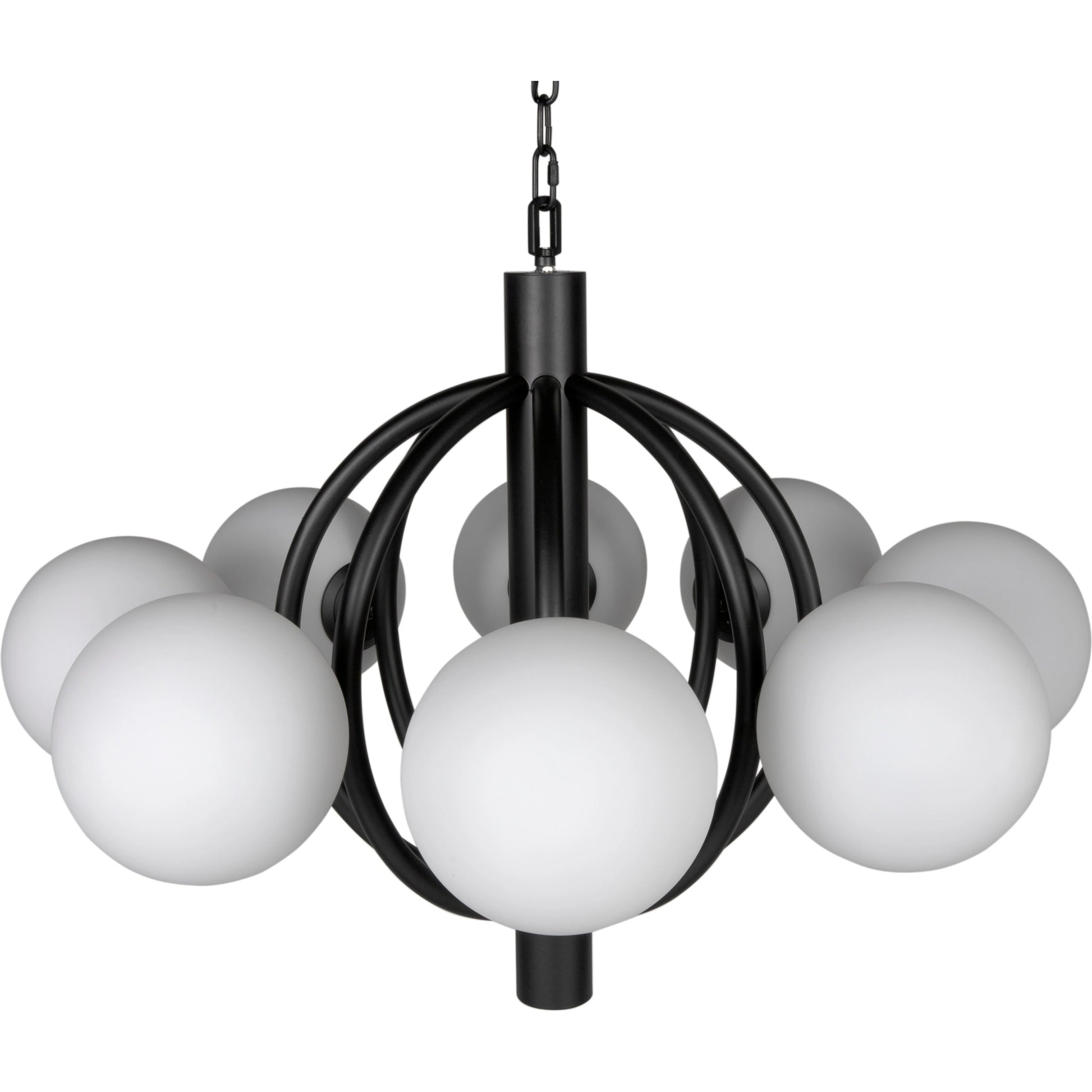 Carousel Chandelier by Noir in matte black. Made from industrial steel and frosted globes in a modern style.