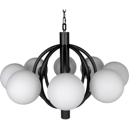 Carousel Chandelier by Noir in matte black. Made from industrial steel and frosted globes in a modern style.