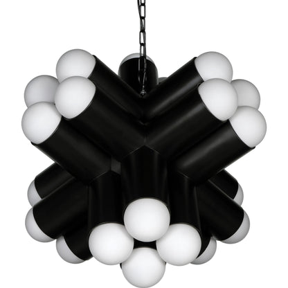 Massimo Chandelier by Noir in matte black. Made from industrial steel and frosted globe in a modern style.