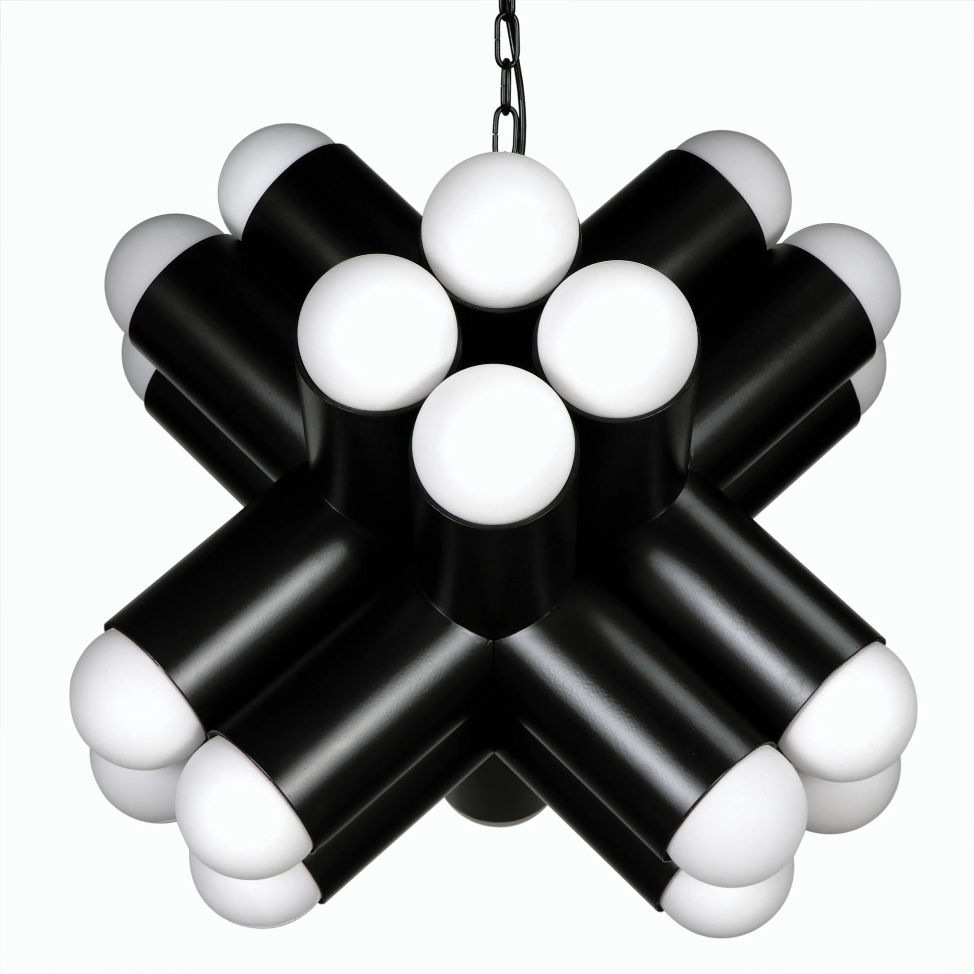 Massimo Chandelier by Noir in matte black. Made from industrial steel and frosted globe in a modern style.