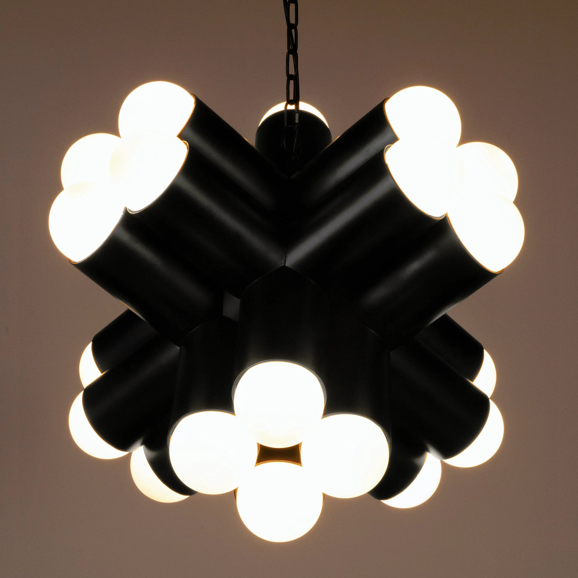 Massimo Chandelier by Noir in matte black. Made from industrial steel and frosted globe in a modern style.