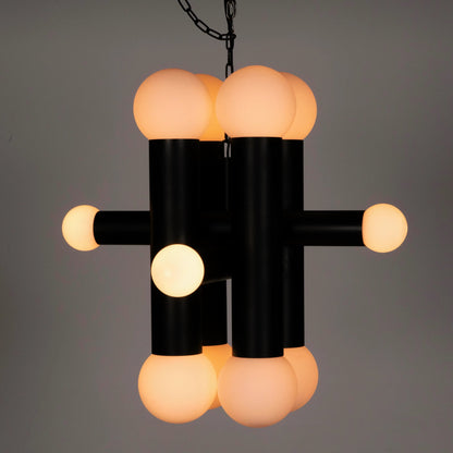 Amadeus Chandelier by Noir in matte black. Made from industrial steel and frosted globes in a modern style.