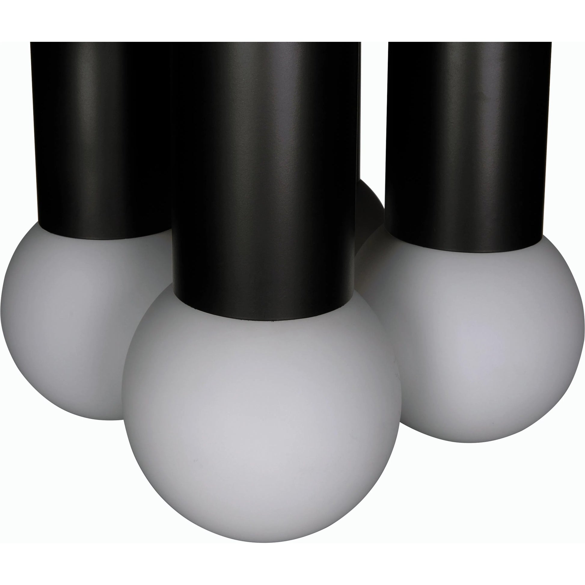 Amadeus Chandelier by Noir in matte black. Made from industrial steel and frosted globes in a modern style.