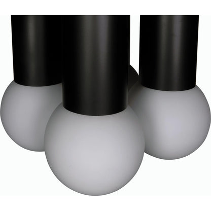 Amadeus Chandelier by Noir in matte black. Made from industrial steel and frosted globes in a modern style.