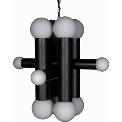 Amadeus Chandelier by Noir in matte black. Made from industrial steel and frosted globes in a modern style.