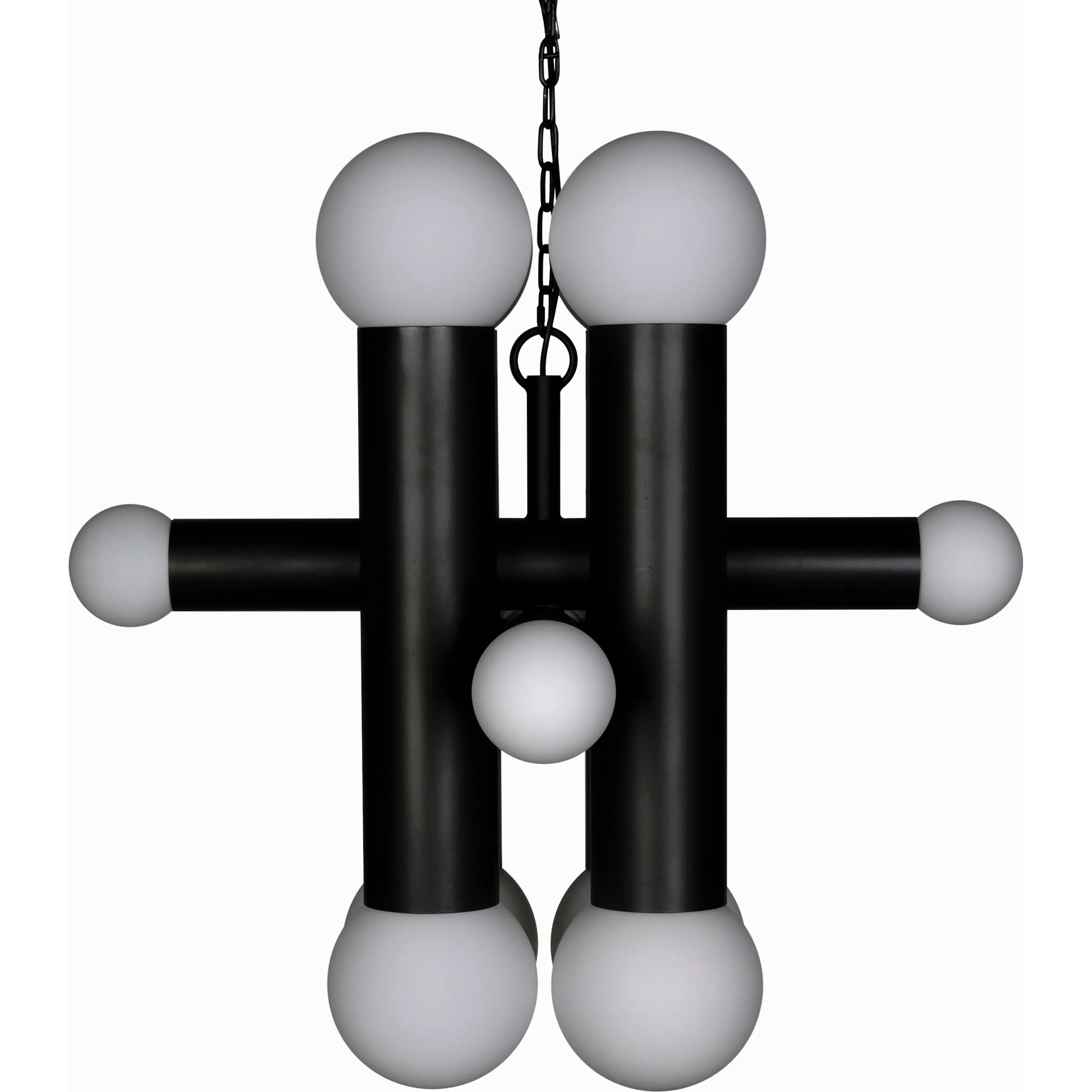 Amadeus Chandelier by Noir in matte black. Made from industrial steel and frosted globes in a modern style.