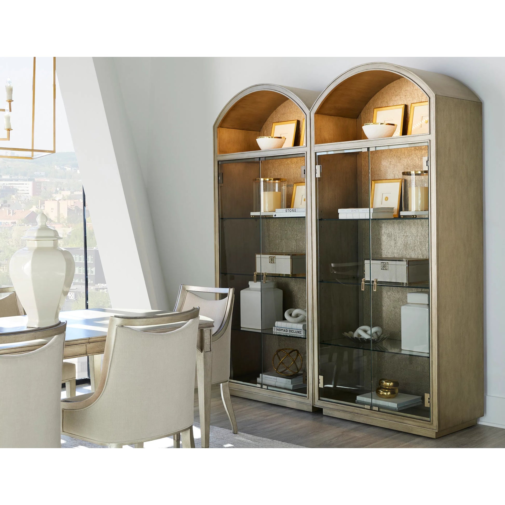 Cove Display Cabinet by A.R.T. Furniture in grey and mica. Made from rubberwood solids, primavera veneer, glass, cork in a transitional style.