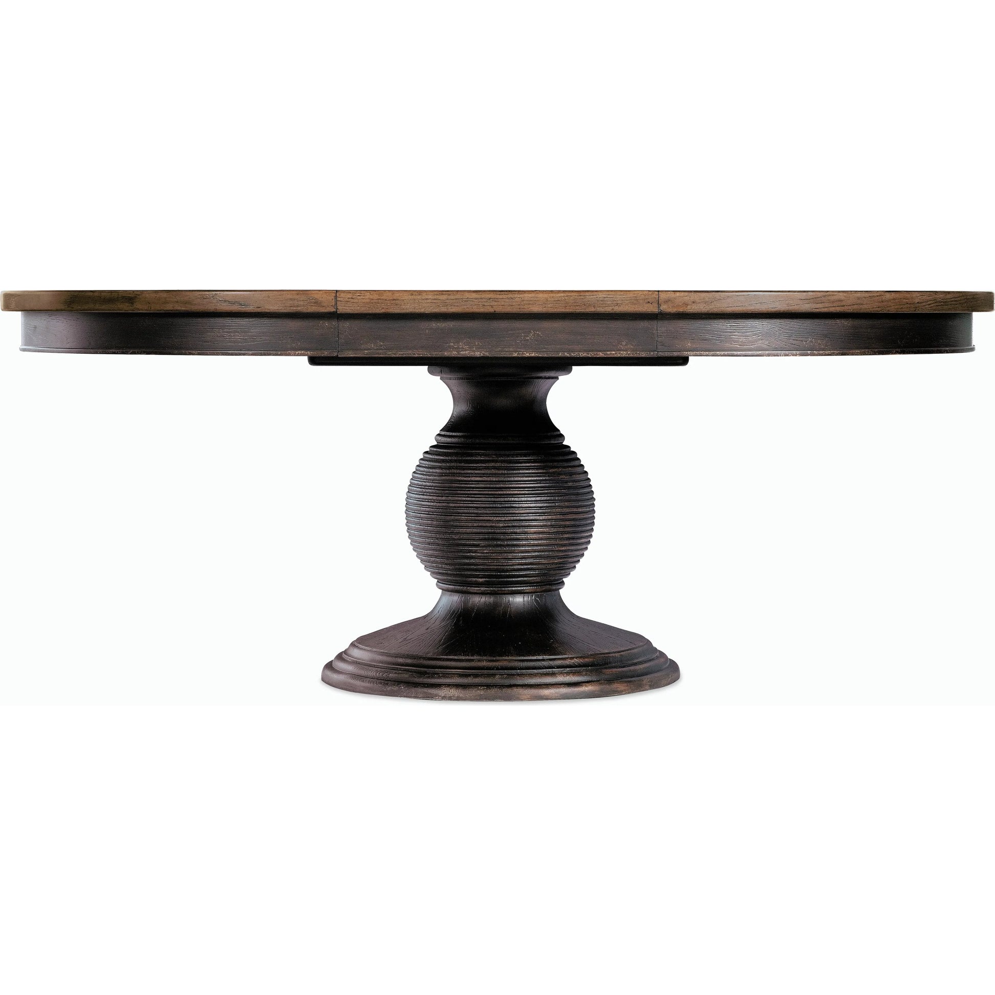 Americana Round Pedestal Dining Table by Hooker Furniture. Made from oak veneers, resin with solid-wood edge top in a cottage & farmhouse style.