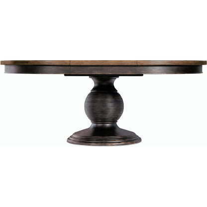 Americana Round Pedestal Dining Table by Hooker Furniture. Made from oak veneers, resin with solid-wood edge top in a cottage & farmhouse style.
