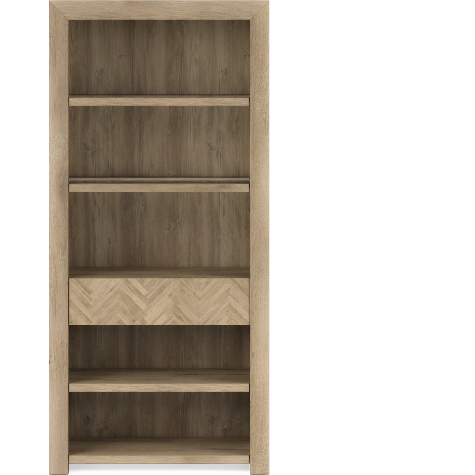 Garrison Bookcase by A.R.T. Furniture in washed oak. Made from parawood solids with ash embossing, white oak veneers, glass in a modern style.