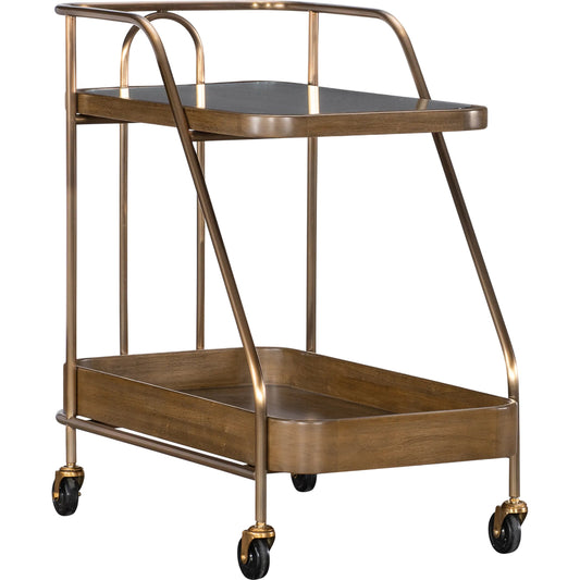 001 SI-2626283 | Primary Silo | Commerce and Market Walnut Wine and Bar Cart by Hooker Furniture in medium wood and light caramel, walnut veneers, sunlit bronze. Made from walnut figured veneers, stainless steel tube, glass in a unique style.