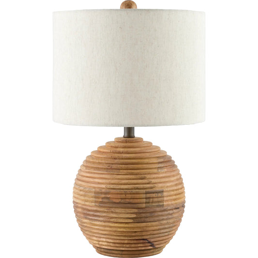 Pozo Accent Table Lamp by Surya in body: brown; shade (outside): beige; shade (inside): white; finial: brown; harp: metallic - gold; cord: brown and naturalnatural. Made from acacia, cotton, metal, mango wood in a unique sty