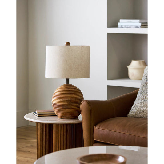 Pozo Accent Table Lamp by Surya in body: brown; shade (outside): beige; shade (inside): white; finial: brown; harp: metallic - gold; cord: brown and naturalnatural. Made from acacia, cotton, metal, mango wood in a unique style.