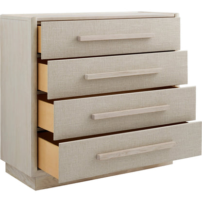 Cotiere Drawer Chest by A.R.T. Furniture in beige and linen. Made from parawood solids, mixed split cathedral quarter-wite oak veneer, fabric in a modern style.