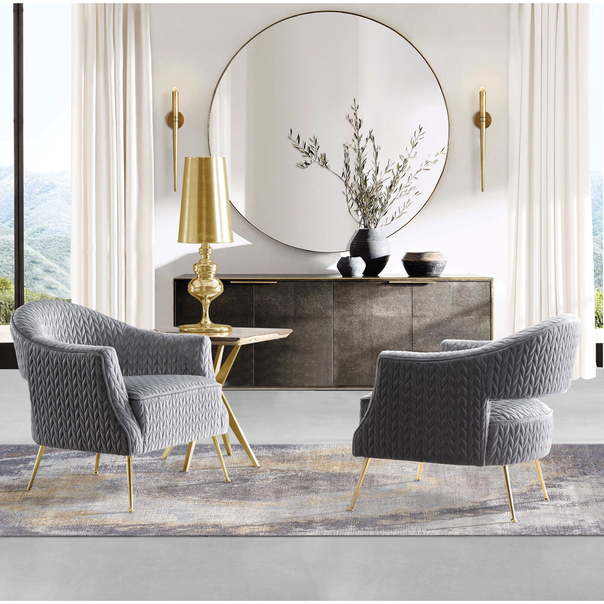 Lafayette Chair by Pasargad Home in gold and silver. Made from velvet in a modern style.